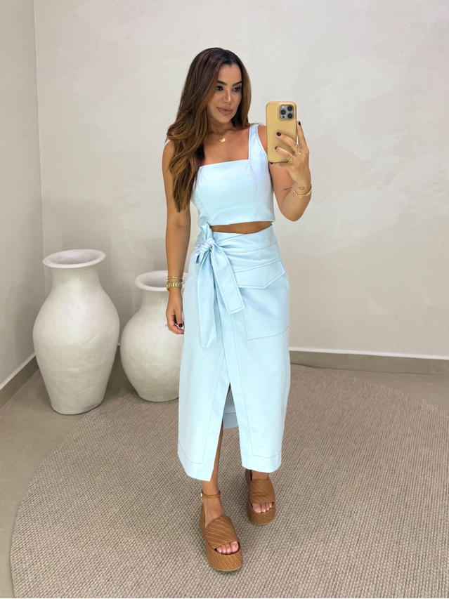 Saia Midi Sarja Transpassada Azul 
