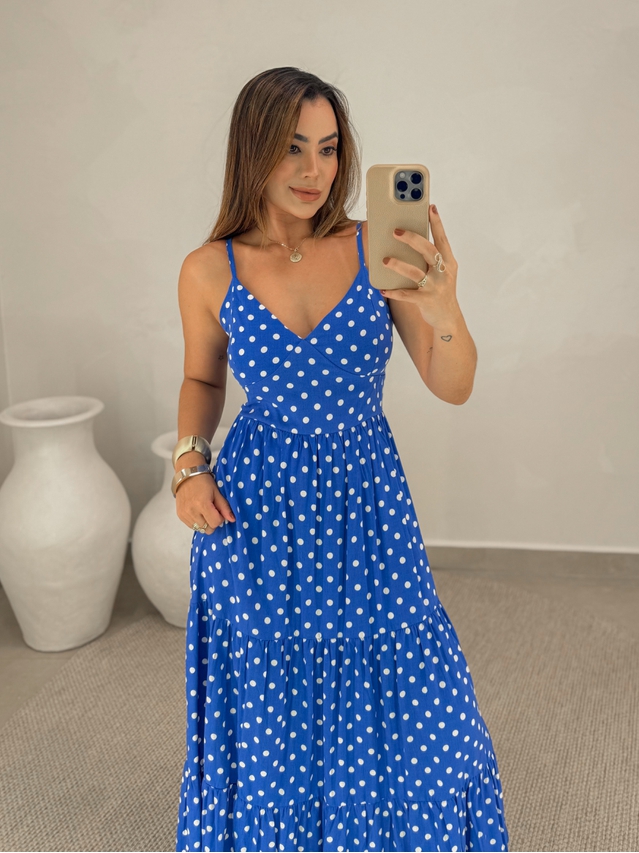 Vestido Midi Atenas Poá Azul