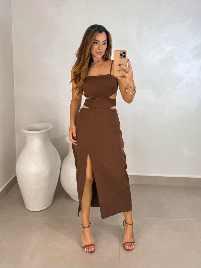 Vestido Midi Fenda Nancy Café