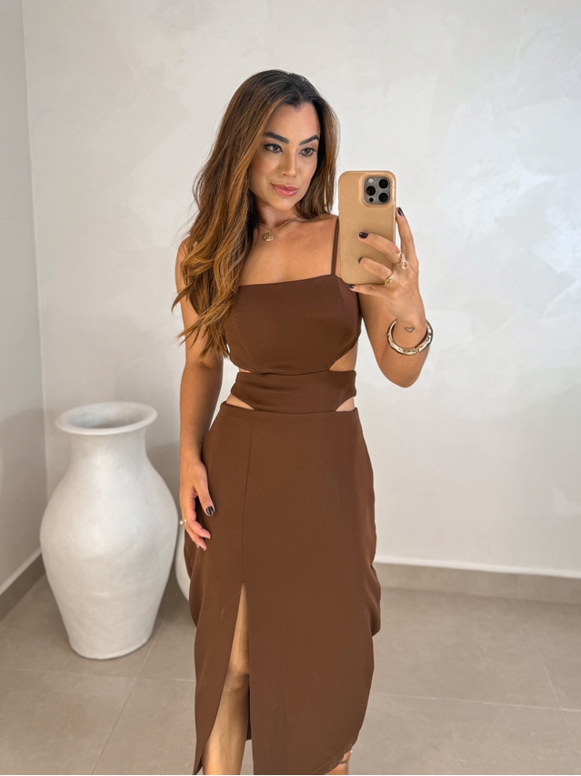 Vestido Midi Fenda Nancy Café