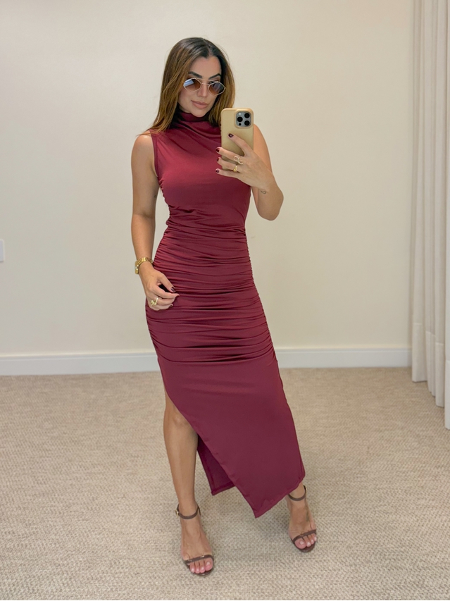 Vestido Midi Franzido Suplex Cereja