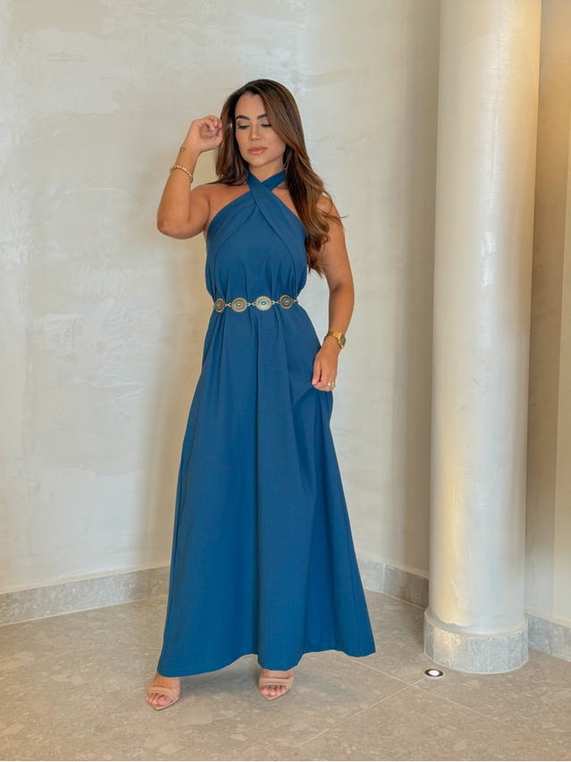 Vestido Midi Frente Única Melina Azul Petróleo