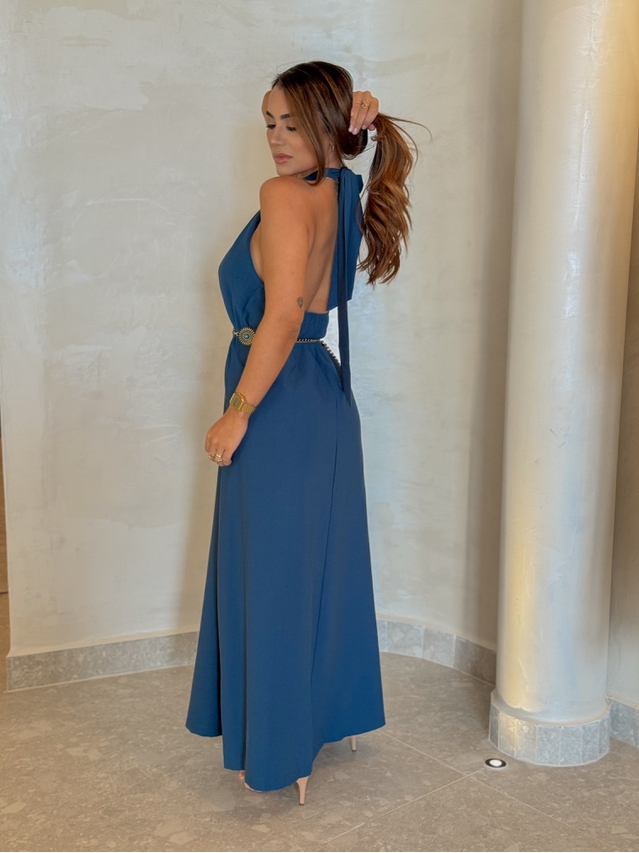 Vestido Midi Frente Única Melina Azul Petróleo