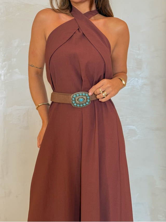 Cinto Couro Pedra Turquesa Marrom 