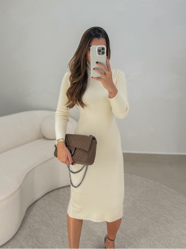 Vestido Gola Tricot Micaele Creme