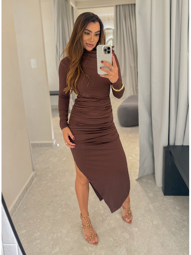 Vestido Suplex Manga Longa Café 
