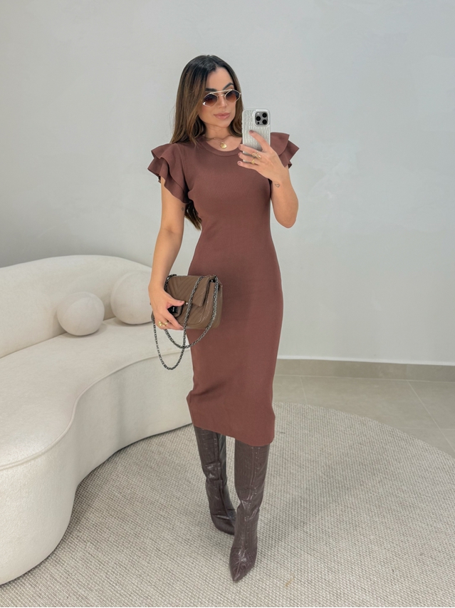 Vestido Manguinha Tricot Café 