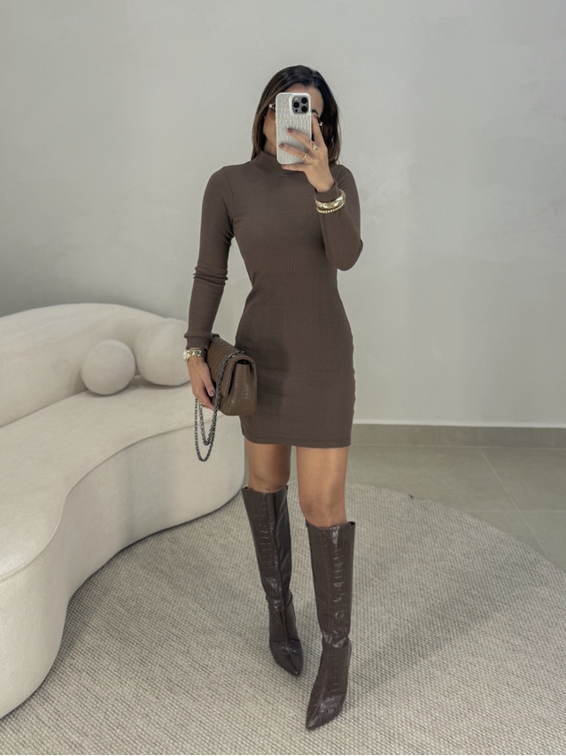 Vestido Canelado Manga Longa Alemanha Café 