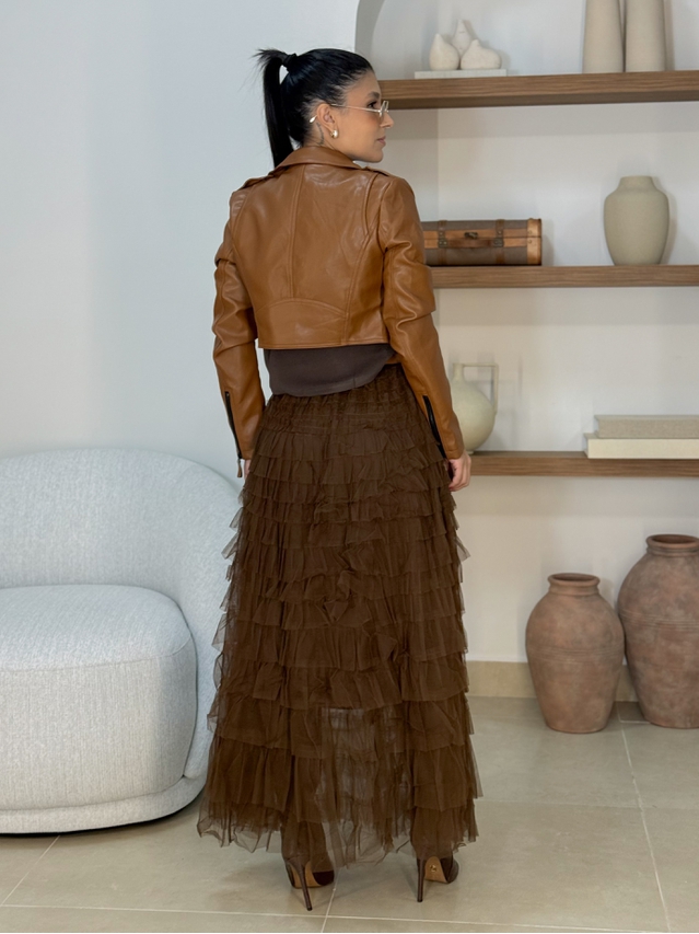 Saia Midi Tule Polônia Marrom