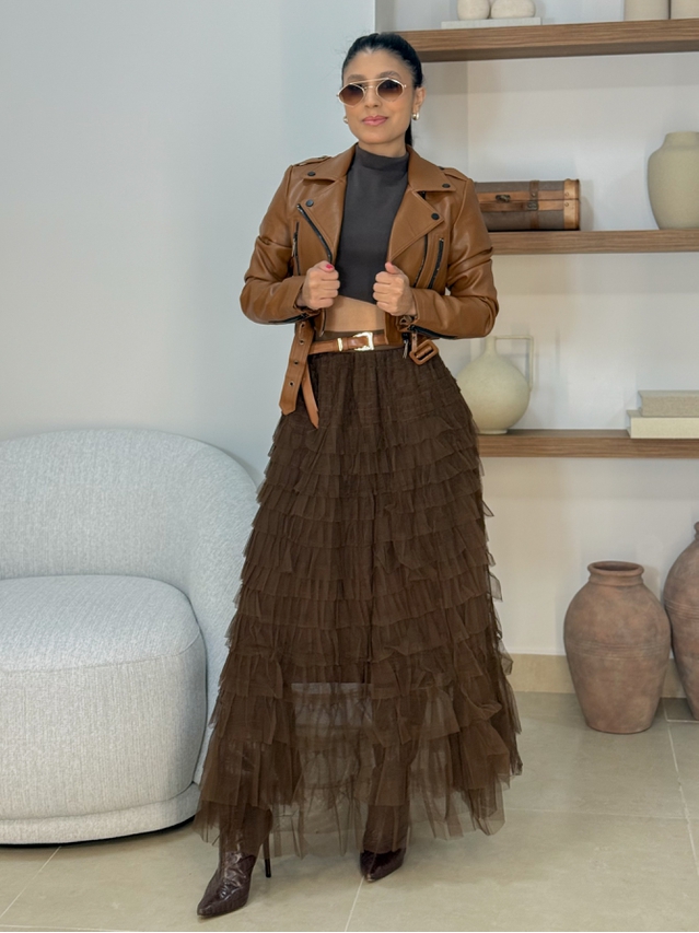 Saia Midi Tule Polônia Marrom