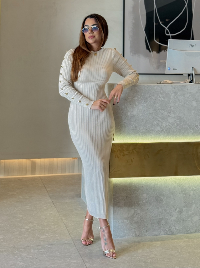 Vestido Tricot Botões Roberta Areia