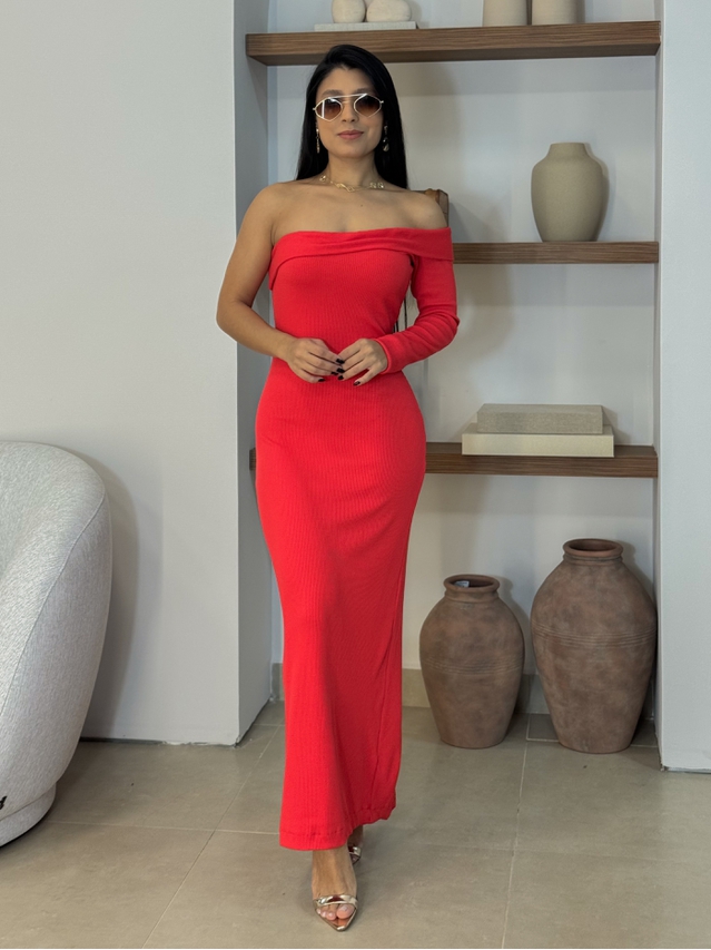 Vestido Longo Canelado Vermelho 