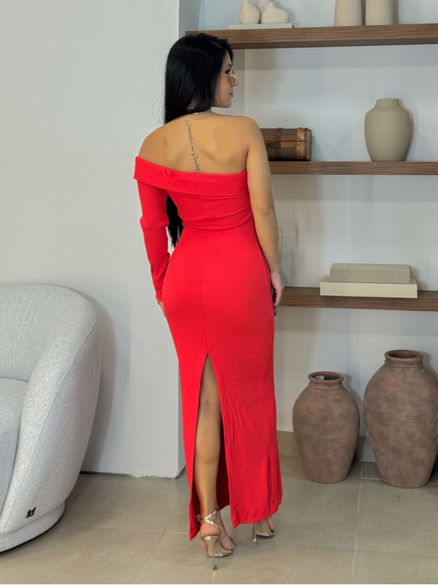Vestido Longo Canelado Vermelho 