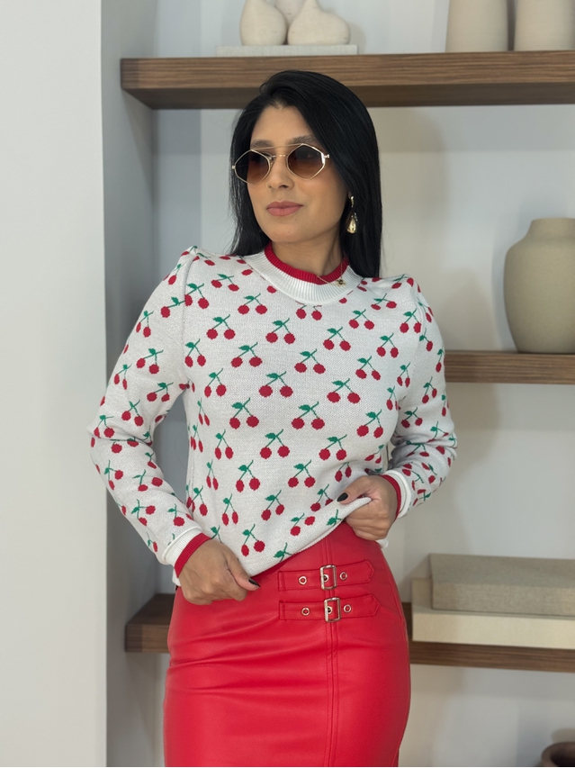 Blusa Tricot Cereja Branca