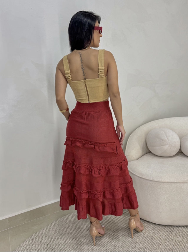 Saia Midi Tricot Babado Vermelho