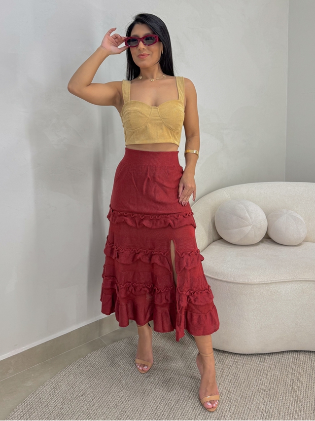 Saia Midi Tricot Babado Vermelho