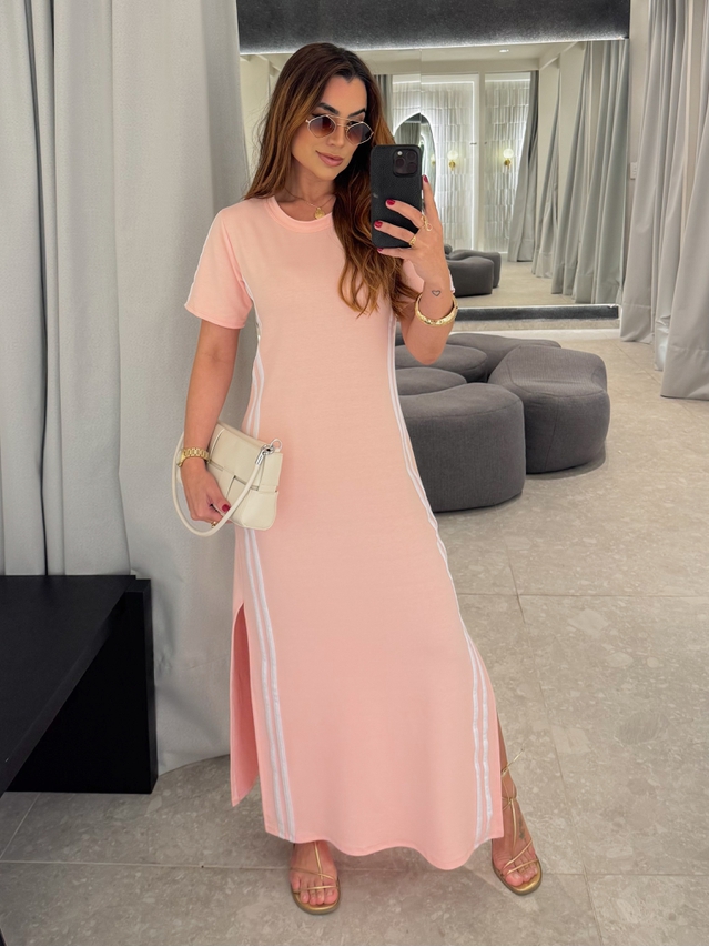 Vestido Manguinha Listra Rosa