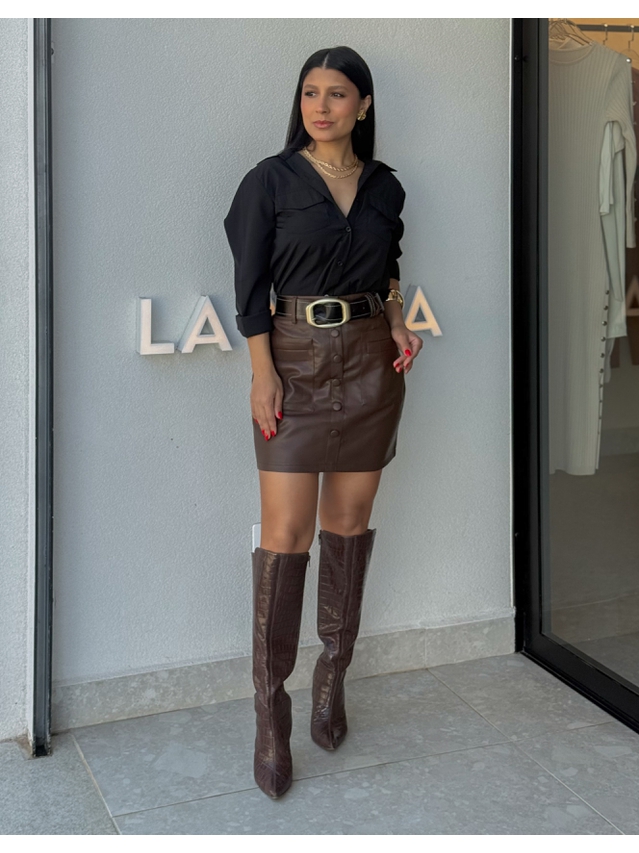 Saia Couro Fake Lavínia Café 