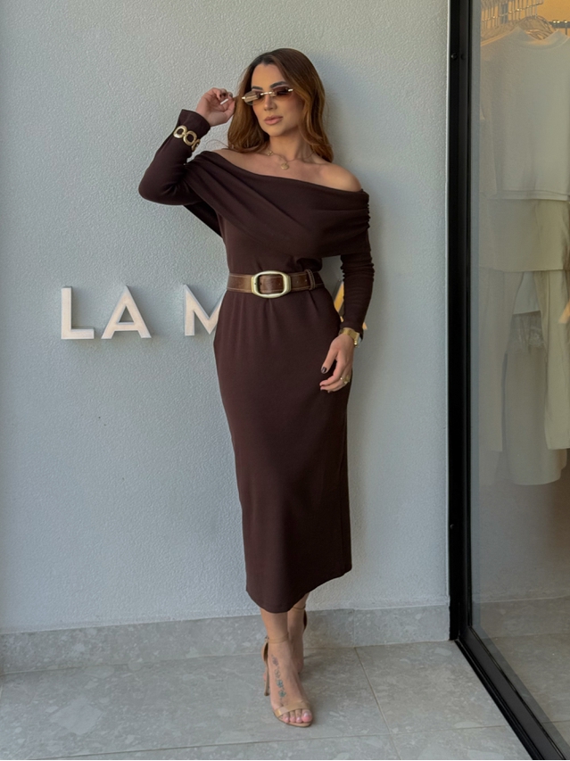 Vestido Canelado Ombro a Ombro Café