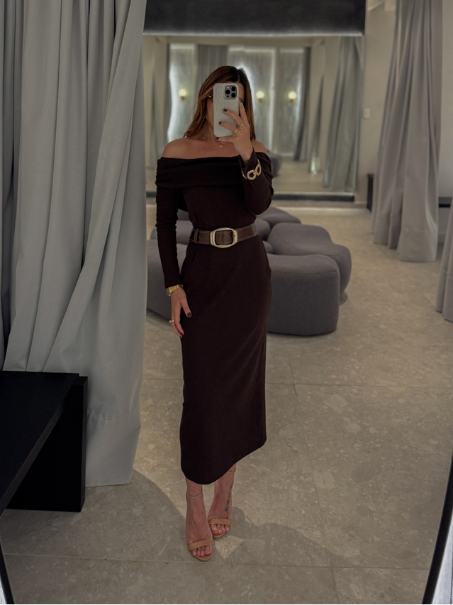 Vestido Canelado Ombro a Ombro Café