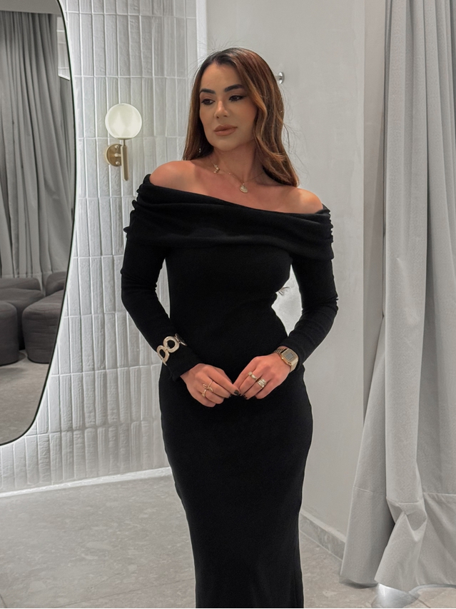 Vestido Canelado Ombro a Ombro Preto