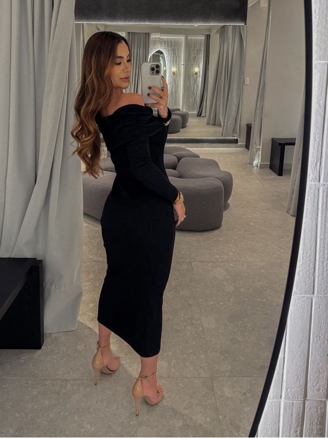 Vestido Canelado Ombro a Ombro Preto