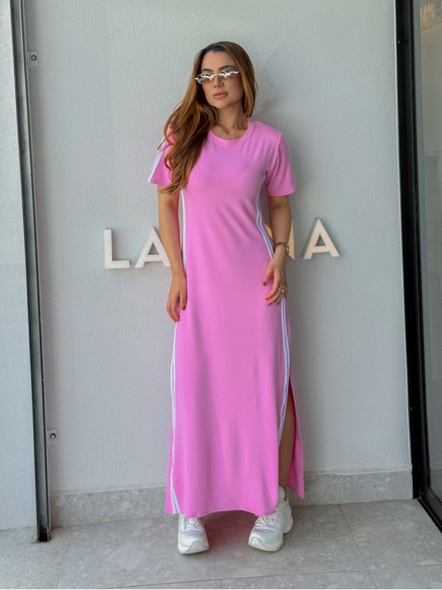 Vestido Manguinha Listra Rosa Barbie