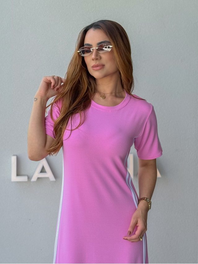 Vestido Manguinha Listra Rosa Barbie