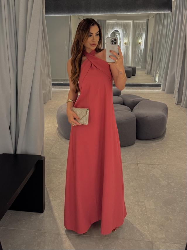 Vestido Midi Frente Única Melina Goiaba