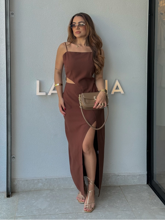 Vestido Midi Fenda Alexia Café 