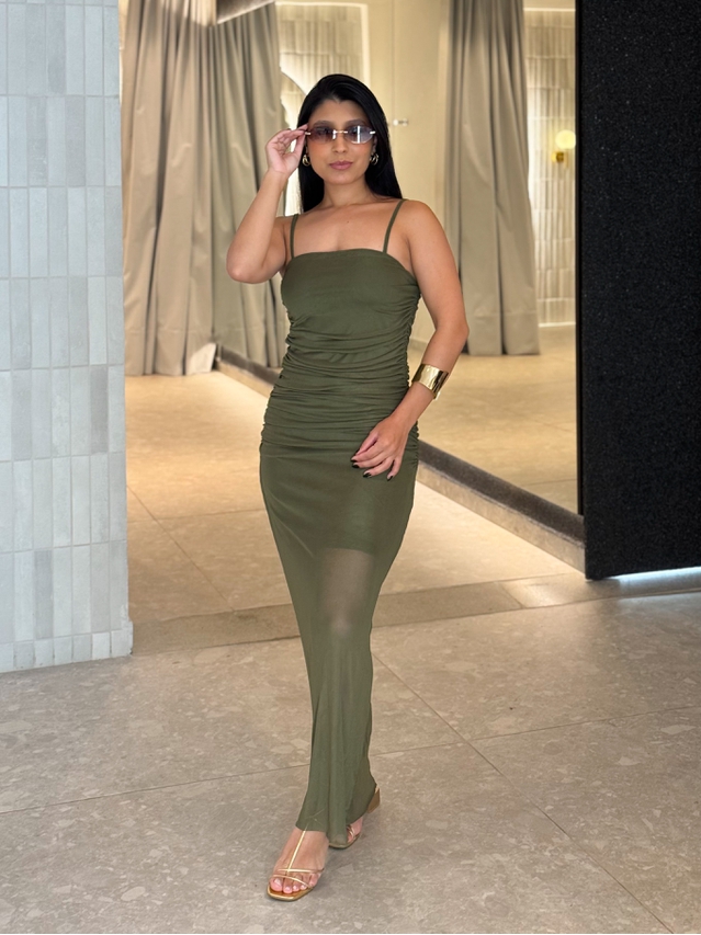 Vestido Franzido Tule Rebeca Militar 