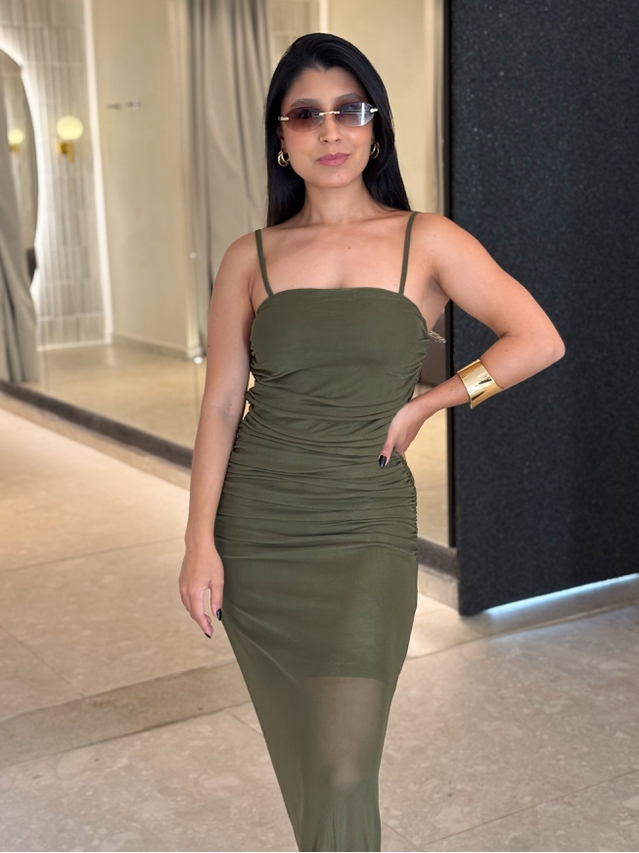 Vestido Franzido Tule Rebeca Militar 