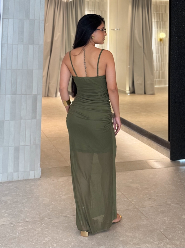 Vestido Franzido Tule Rebeca Militar 