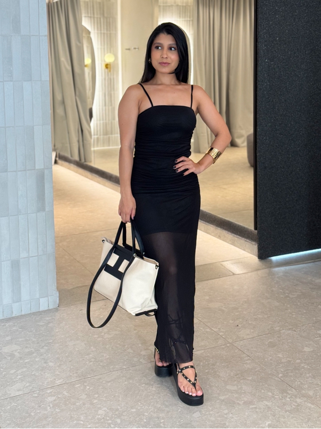 Vestido Franzido Tule Rebeca Preto