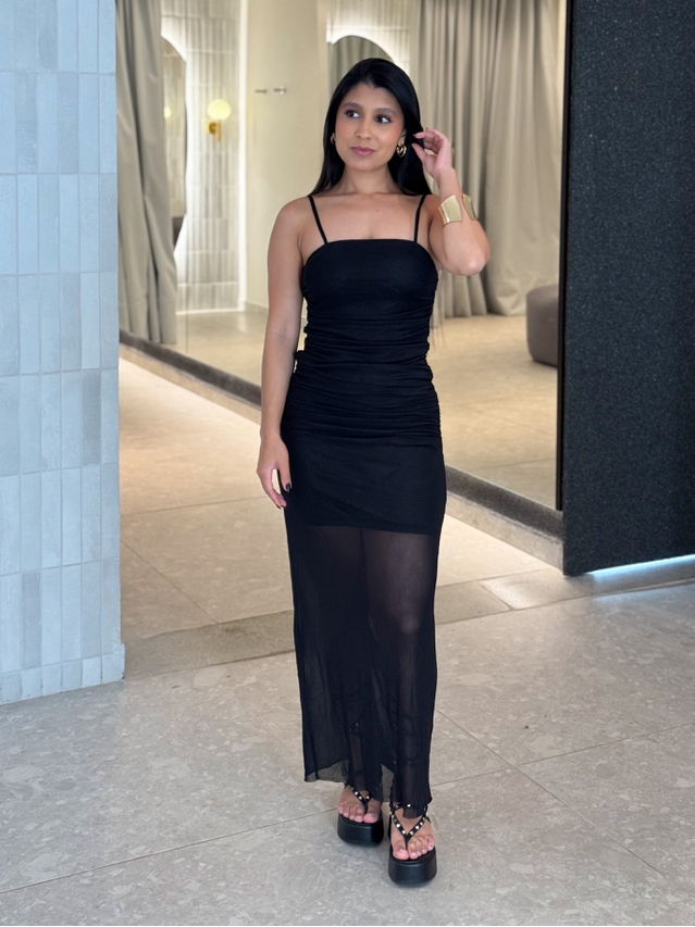 Vestido Franzido Tule Rebeca Preto