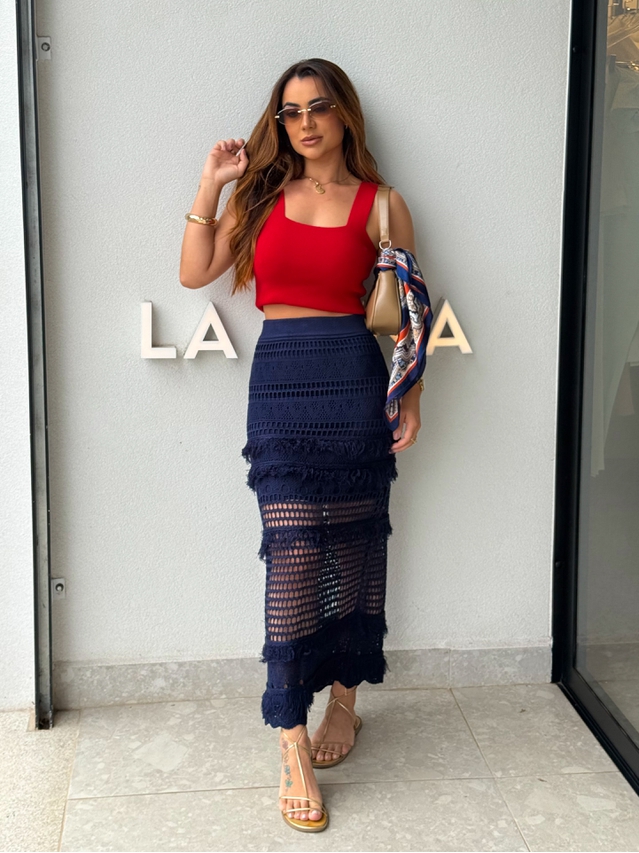 Saia Midi Tricot Rendada Azul