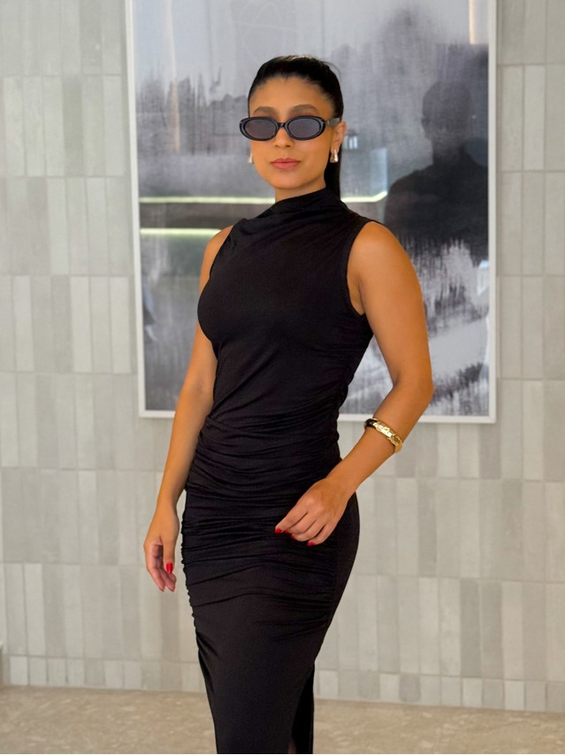 Vestido Midi Franzido Suplex Preto