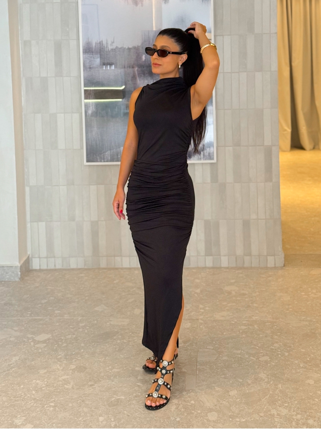 Vestido Midi Franzido Suplex Preto