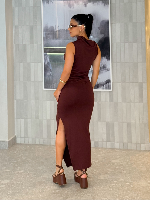 Vestido Midi Franzido Suplex Café