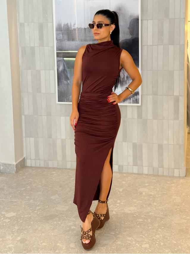 Vestido Midi Franzido Suplex Café