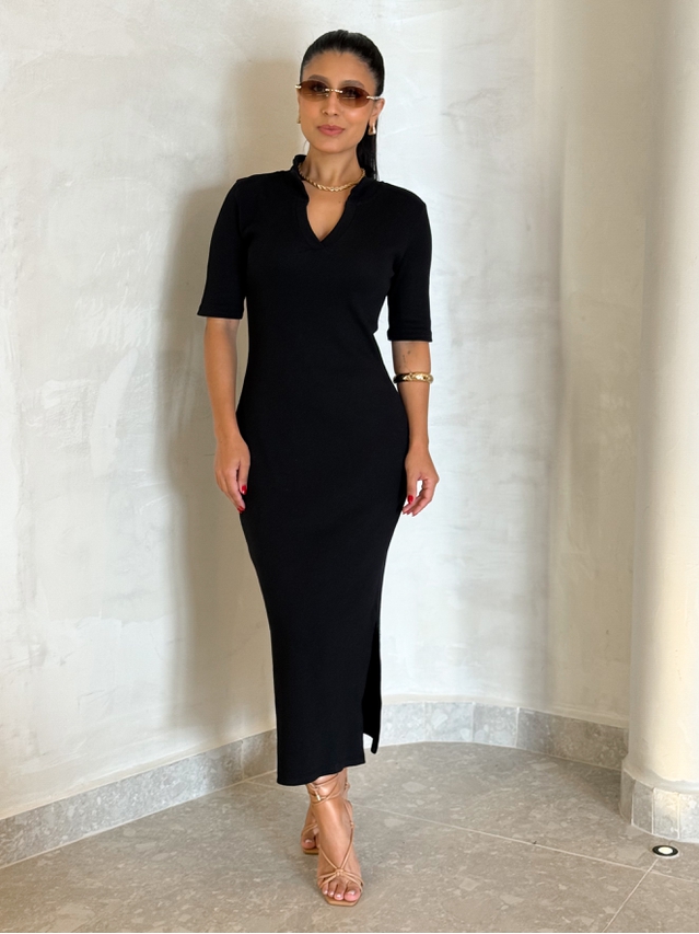 Vestido Canelado Gola Polo Tais Preto