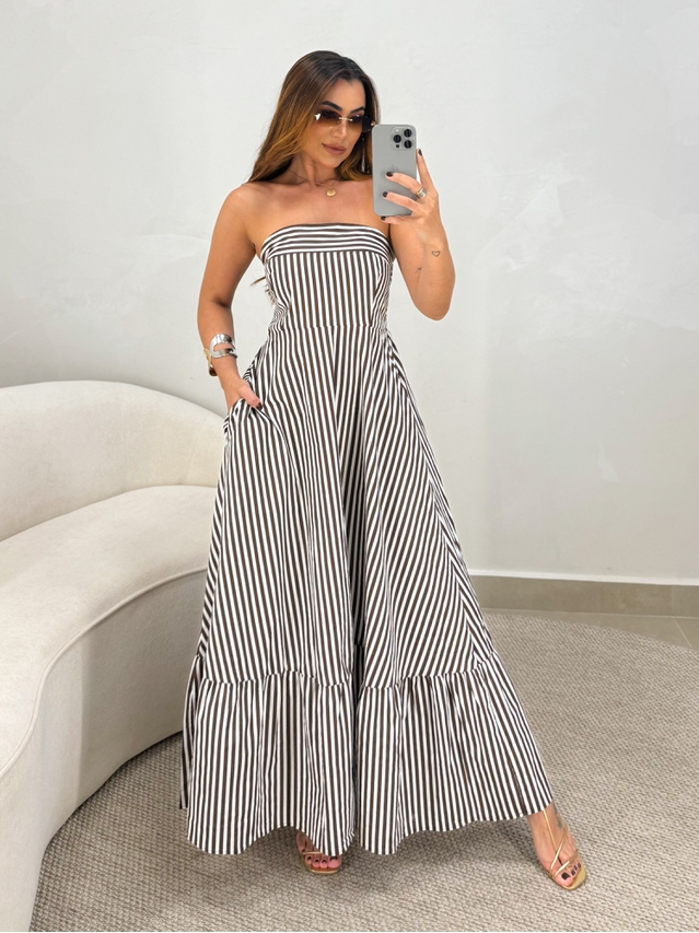 Vestido Listrado Tomara que Caia Alanis Café