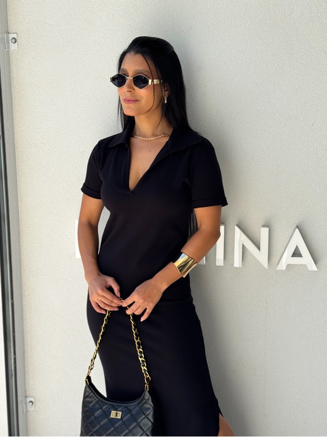 Vestido Tricot Gola Polo Aurora Preto