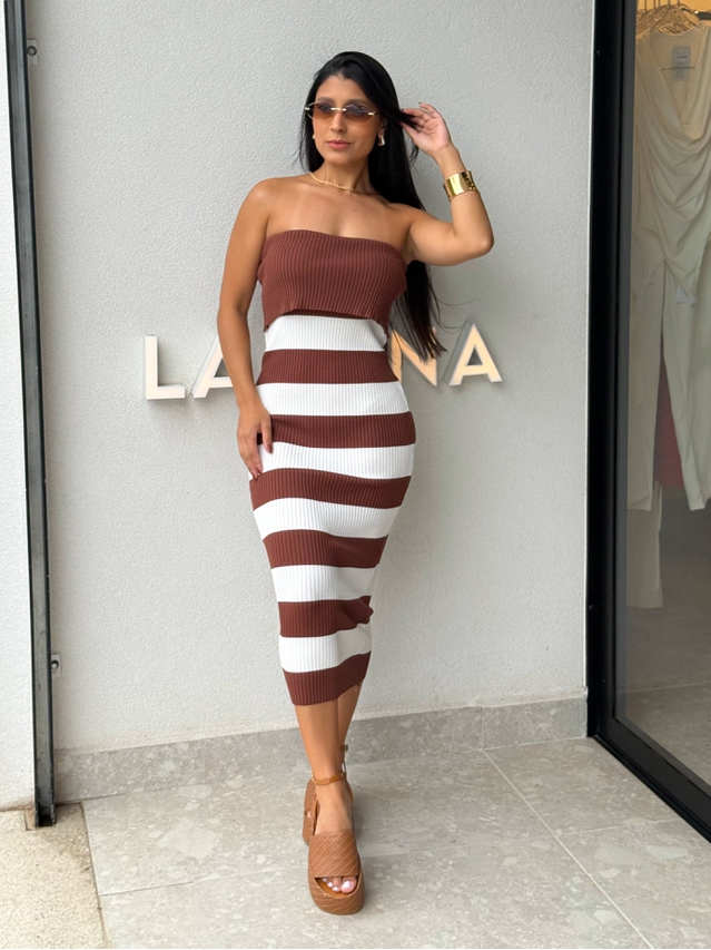 Vestido Tomara que Caia Listrado Café 