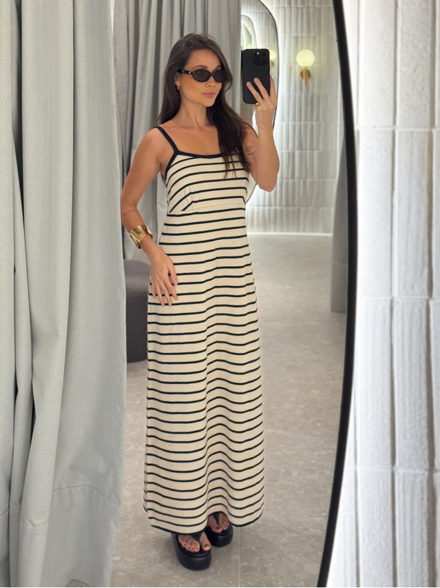 Vestido Tricot Listrado Stela Areia 