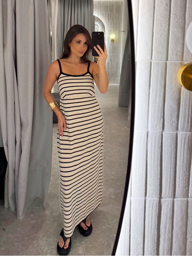 Vestido Tricot Listrado Stela Areia 