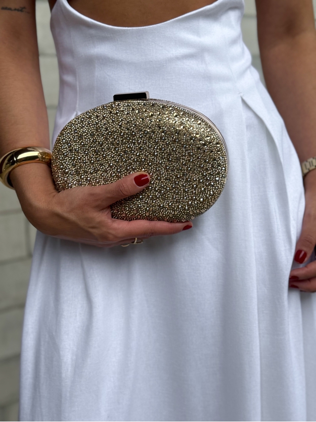 Clutch Oval Strass Dourada