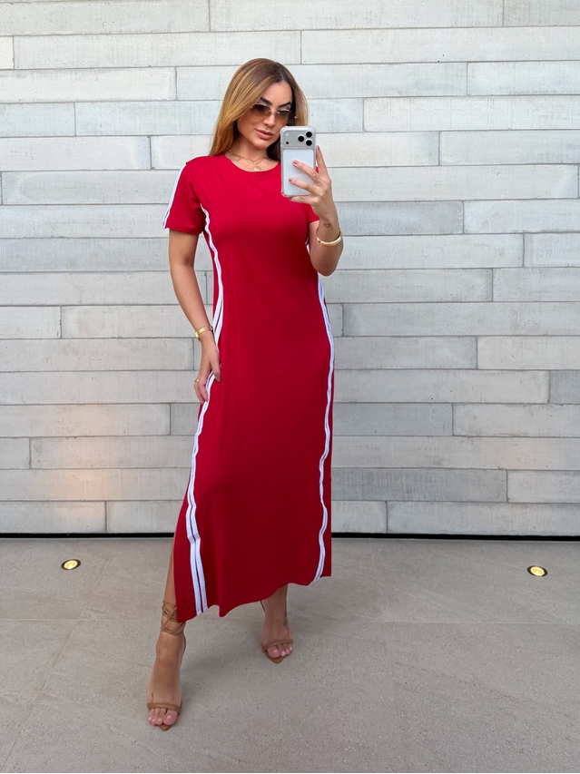 Vestido Manguinha Listra Vermelho 