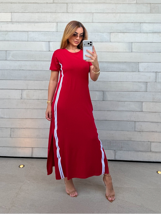 Vestido Manguinha Listra Vermelho 