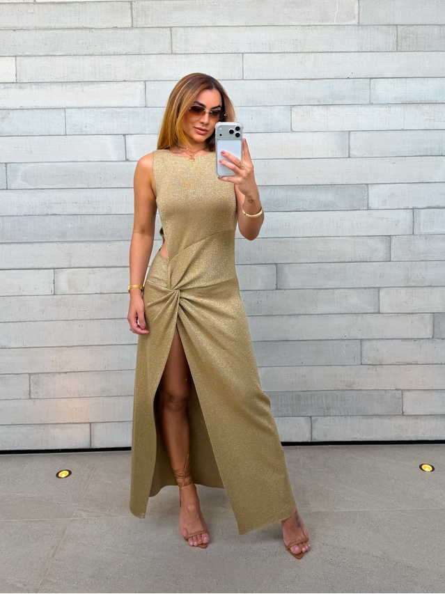 Vestido Tricot Brilho Victoria Dourado 